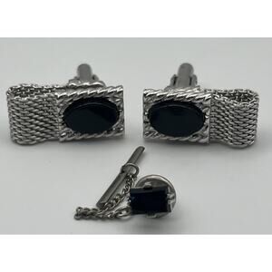 Vintage SWANK Silver Tone Onyx Cufflinks and Tie Tack Set